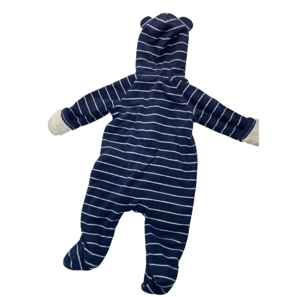 Old Navy Blue and White Striped Footie One Piece with Hood 3-6m baby